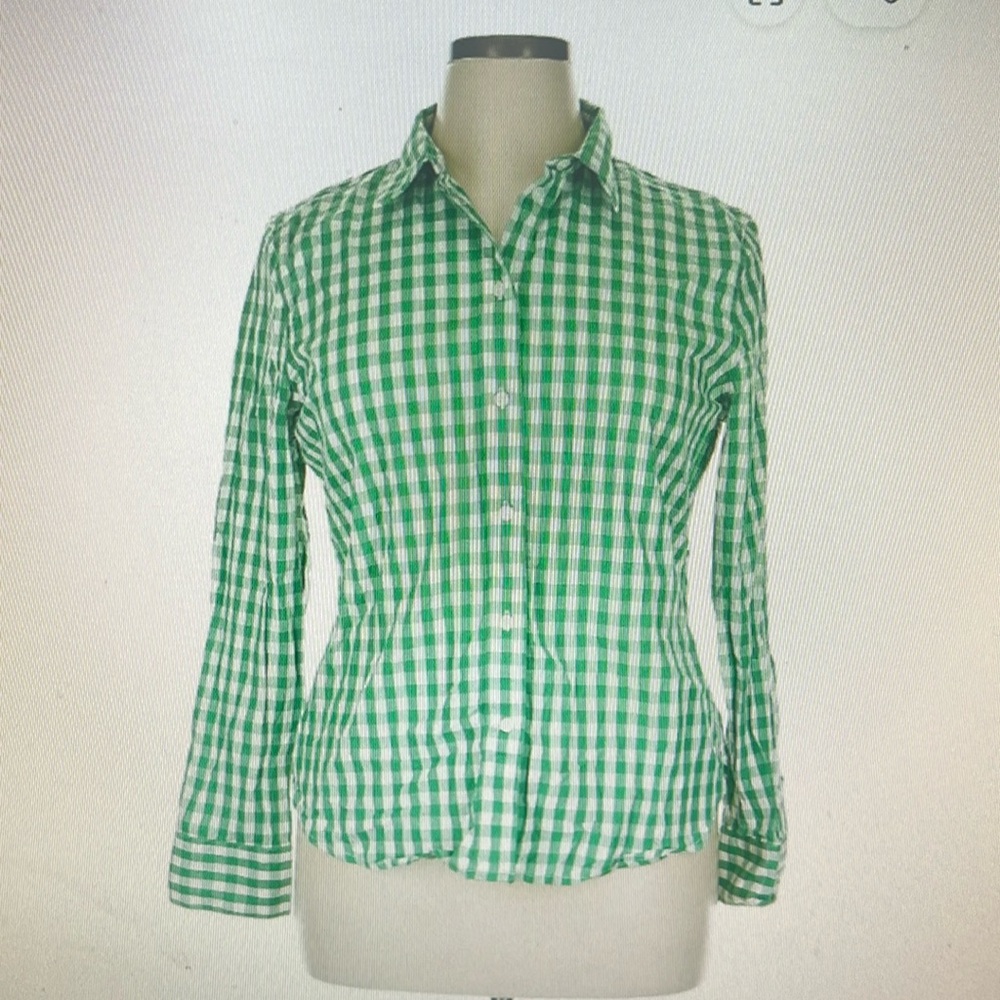 J Crew Long Sleeve Green & White check blouse. NWT. J Crew, Small.